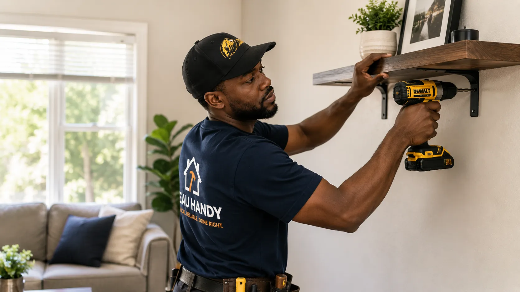 An Eau Handy handyman installing a wooden wall shelf in a home.
